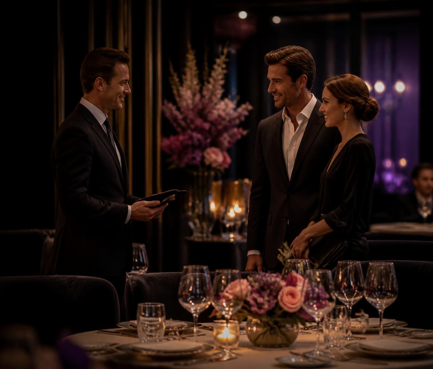 Host greeting guests at a restaurant table